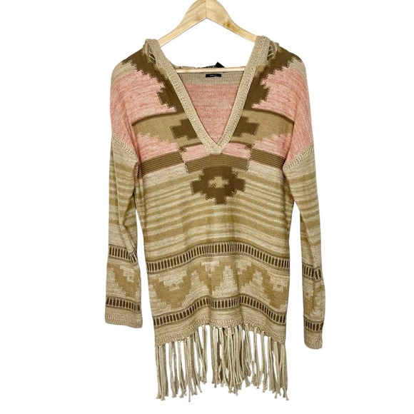 Ralph Lauren Southwestern Fringe Hooded Sweater Womens XS Boho Hippie 70s Aztec - Picture 1 of 7